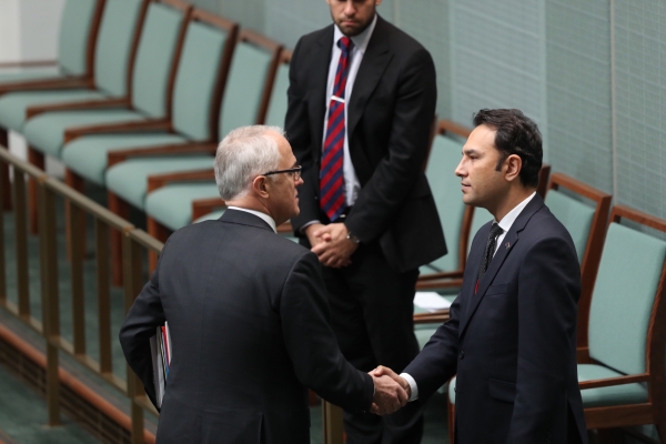 Malcolm Turnbull greets the Afghan ambassador to Australia, Wahidullah Waissi, before a statement from the leaders remembering the victims of the bombing in Afghanistan. 